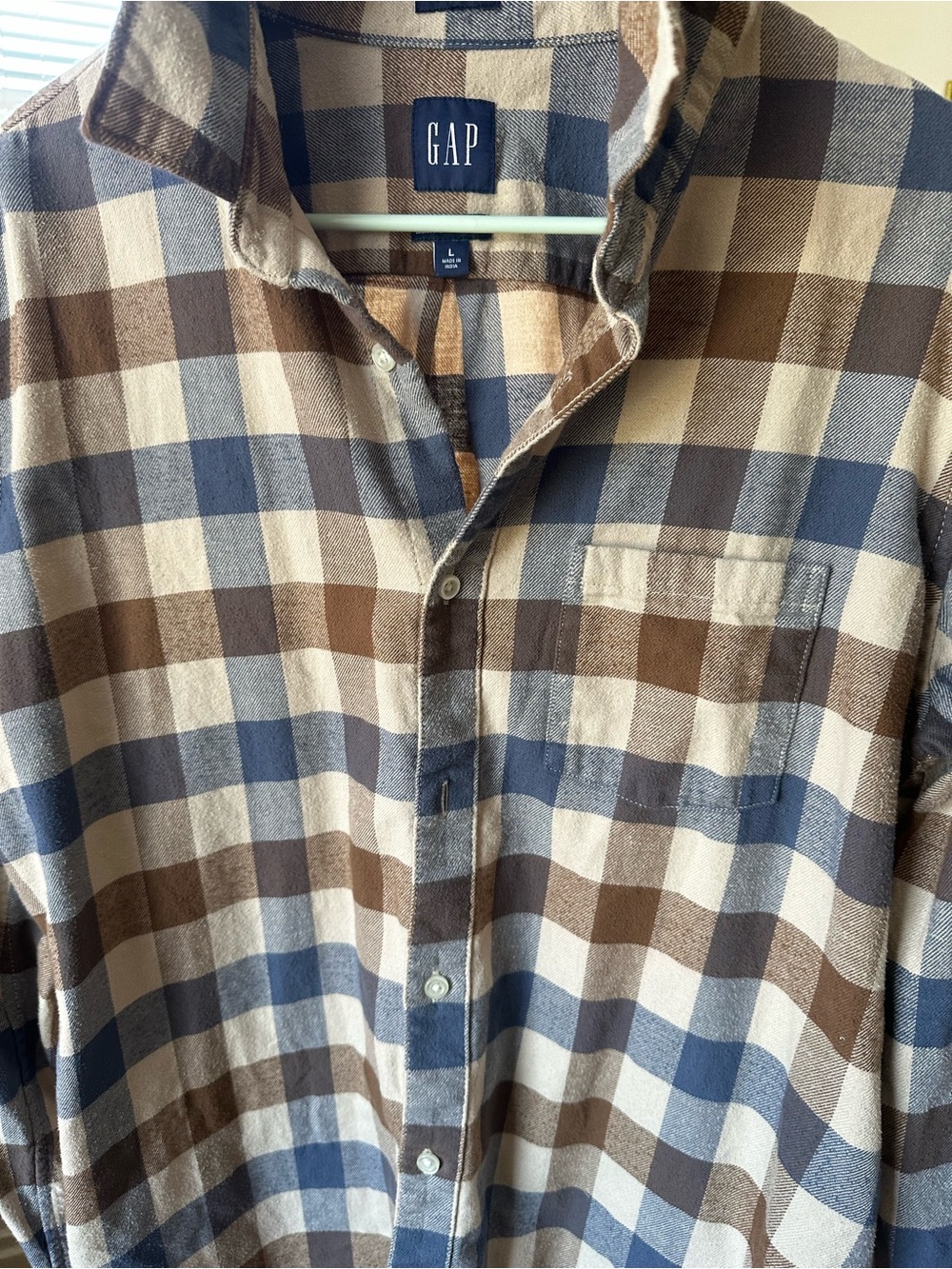 GAP Men's Brown and Navy Plaid Button-Down Shirt